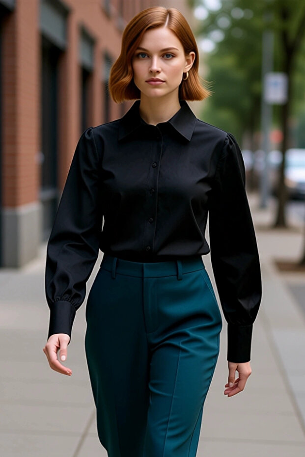 Classic Shirt Collar Balloon Sleeve Solid Color Cotton Woven Shirt Women's Special Design Functional