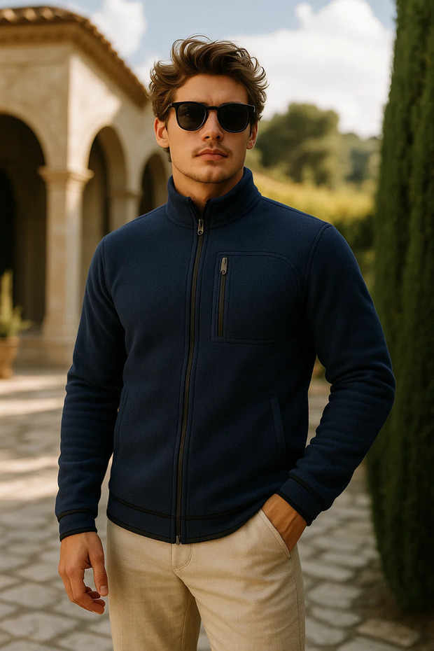 Men's Thick Zippered Winter Navy Blue Fleece Jacket with Pockets