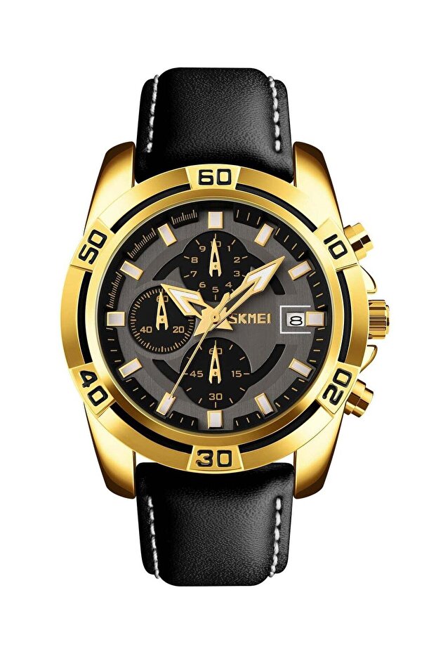 Sports Men's Chronograph & Date Wristwatch — 30M Waterproof, Black Leather Strap