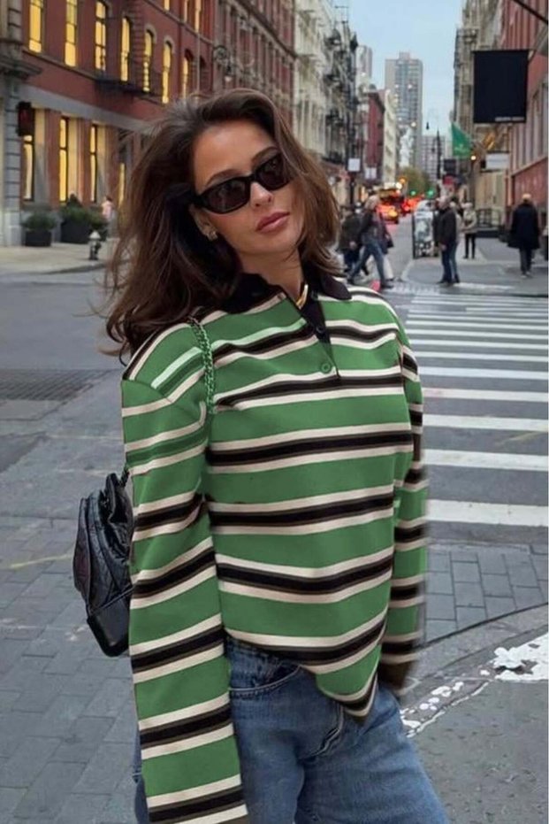 Green Striped Buttoned Polo Neck Women's Knitwear Sweater Mg2280