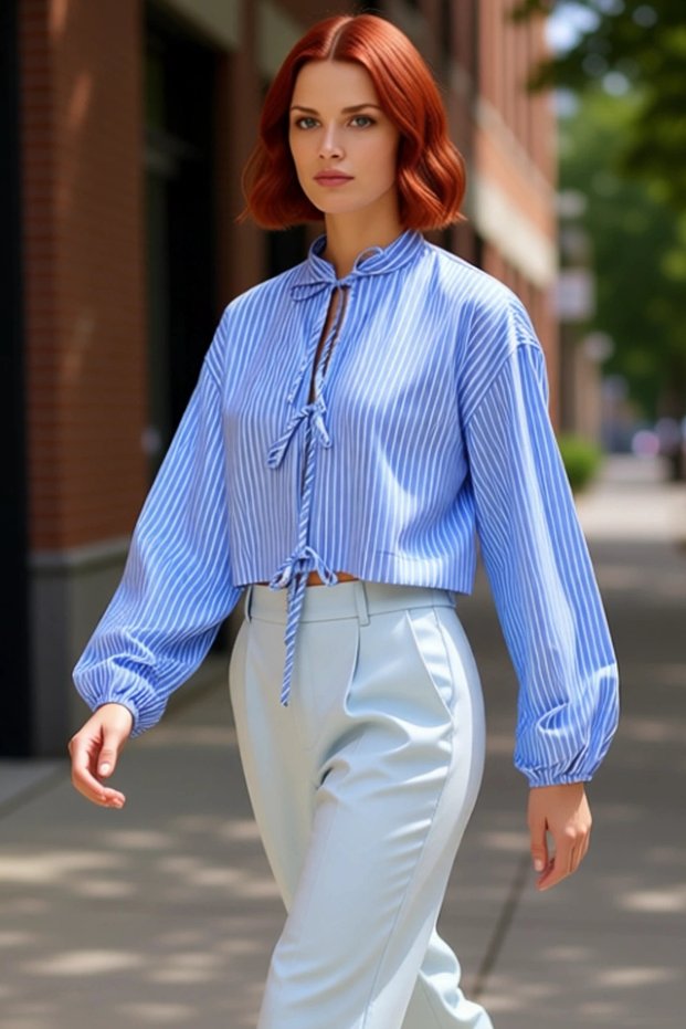 Striped Tie-Up Detail Crop Shirt Women's Summer Style Relaxed Fit Woven Top Beach and Casual Chic