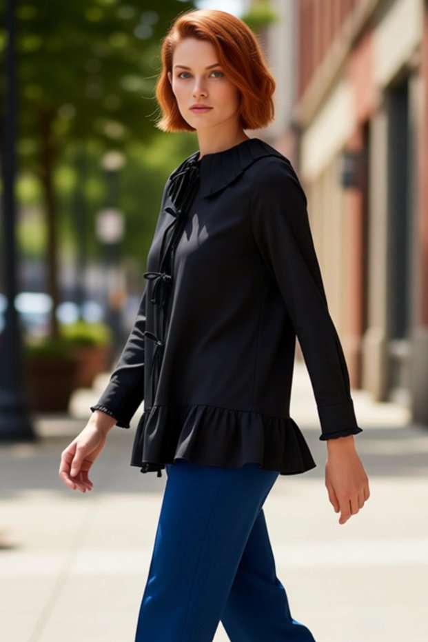 Women's Peter Pan collar Lace Detailed Long Sleeve Pleated Ruffled Woven Shirt Comfortable and Stylish Look