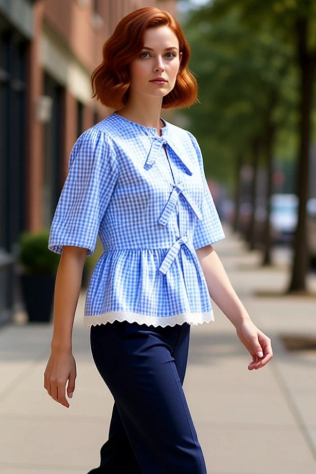 Checkered Patterned Front-Tie Women's Woven Blouse with Lace Detail Offers Summer Style and Aesthetic