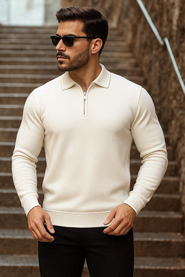 Men's Trend Zippered Long Sleeve Cream Polo Neck Sweater