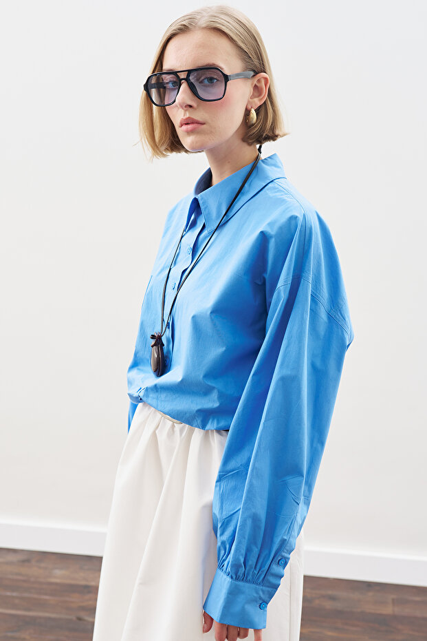 CROP BALON FORM GÖMLEK MAVİ - 2