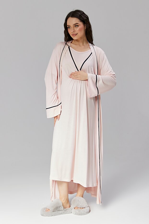 Maternity Nightgown Set with Piping Detail and Cotton Robe