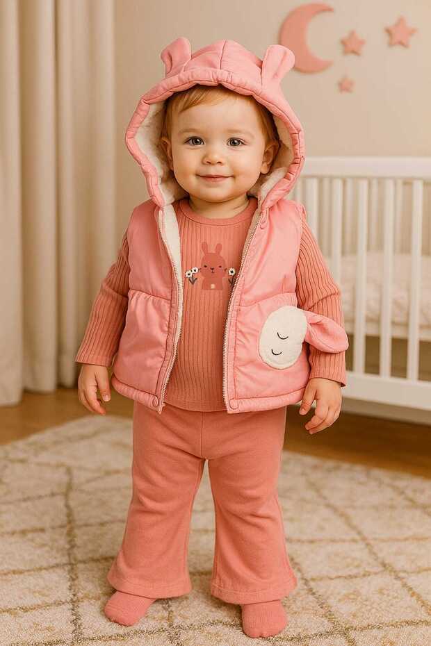 Baby Girl 3-Piece Set with Rabbit Embroidery and Pockets, 100% Cotton. Welsoft Lamb Lining Inside the Coat