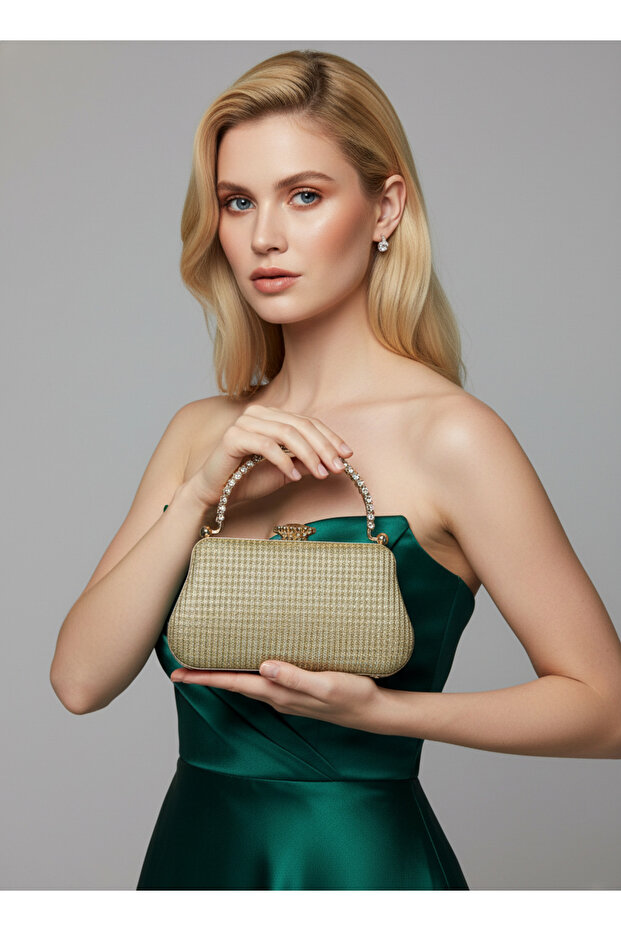 Gold Gold Color Glittery Stone Evening Dress Bag | Luxury and Evening Bag