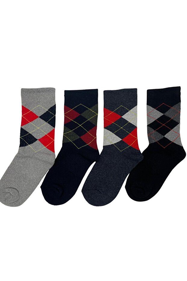 4-Piece Thermal Full Towel-Backed Socks with Baklava Pattern for Children Anthracite Gray Black Navy Blue