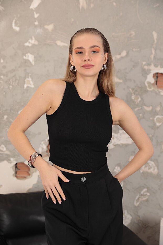 Cactus Camisole Fabric Crew Neck Women's Crop Tank Top - Black-Black - Standard
