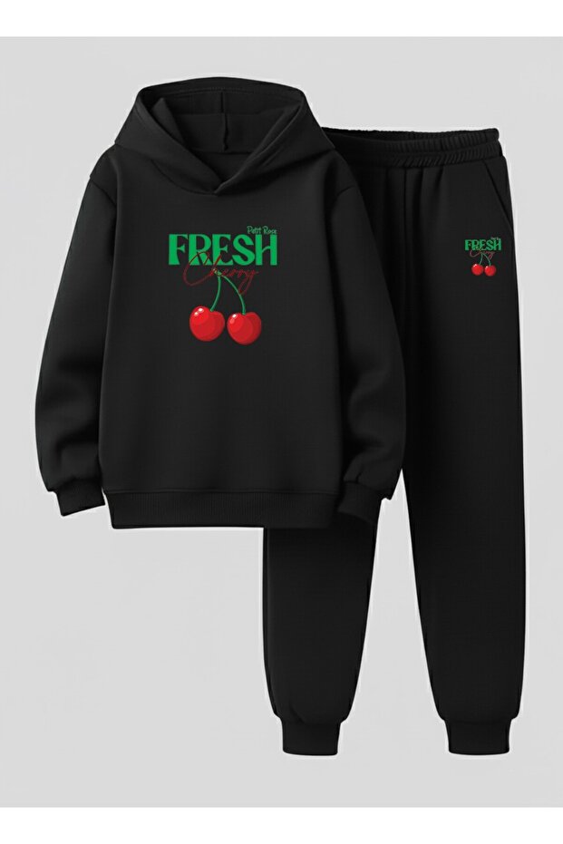 Girl's Hooded Sweatshirt - Tracksuit Set Peti̇t Ki̇raz Ba Printed Threaded Ribbed