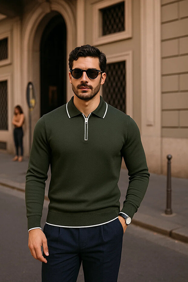 Men's Zippered Khaki Long Sleeve Polo Neck Knitwear Sweater
