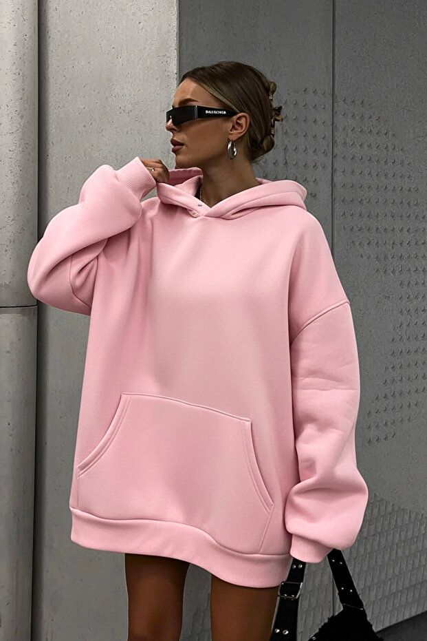 Unisex Pink Soft Fabric Oversized Fit Fleece Lined Hooded Sweatshirt Hoodie