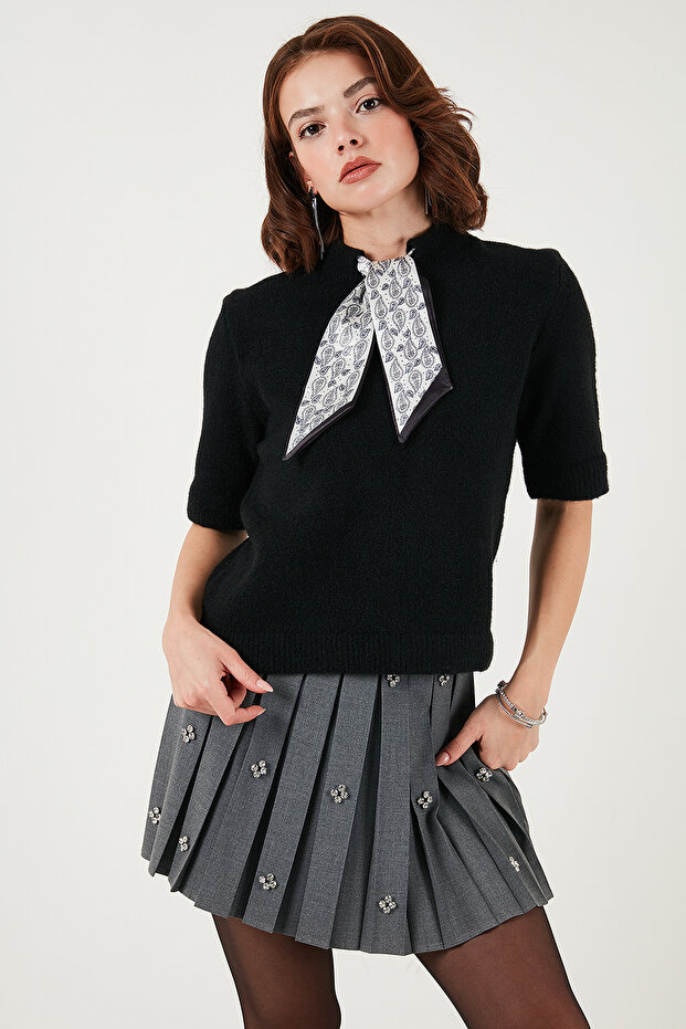Wool Blend Regular Fit Scarf Collar Short Sleeve Knitwear Sweater Sweater 4617023
