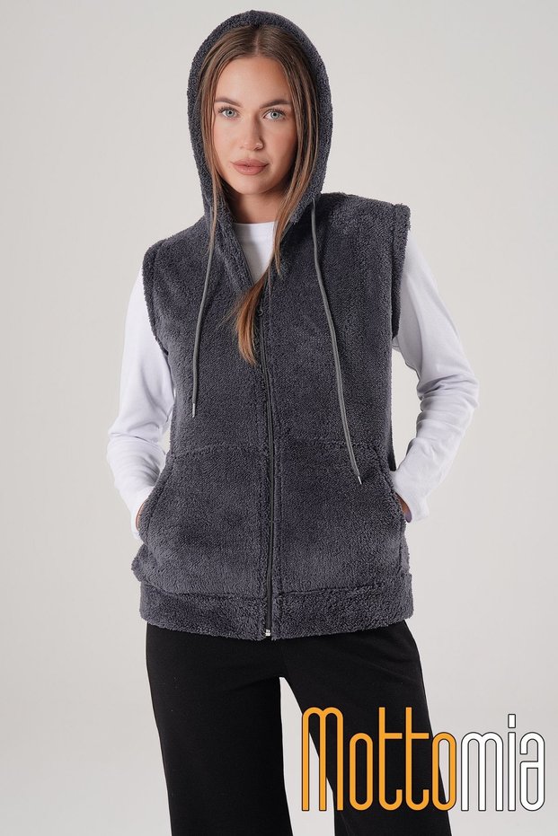 Smoked Hooded Welsoft Zippered Women's Plush Vest with Pockets, Warm Furry Winter Coat Look