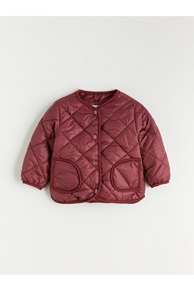 Burgundy Crew Neck Quilted Patterned Girl's Coat