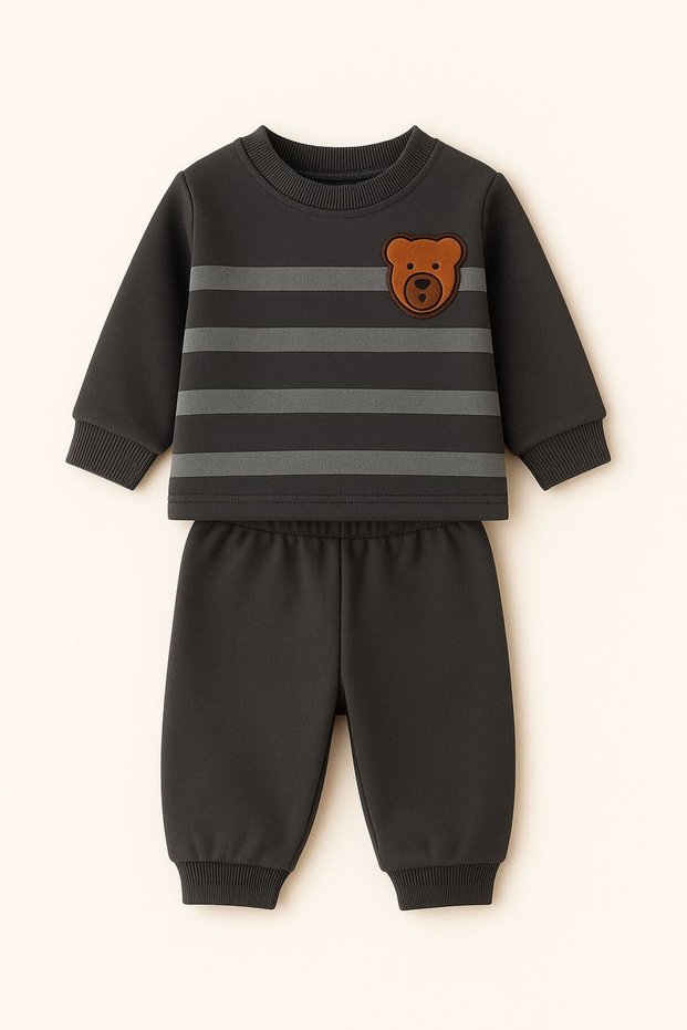 Striped Teddy Bear Printed Winter Unisex Fleece Baby Set Girl and Boy Baby Fleece 1-4 Years