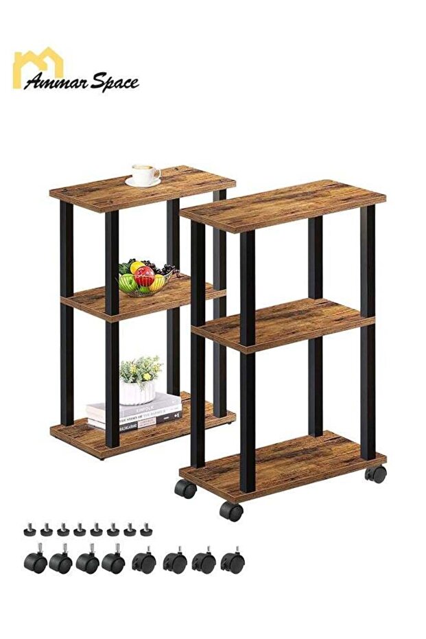 Side Table with Wheels Set of 2 End Table Nightstand with 2-Layer Storage Shelves for Living Room - 1