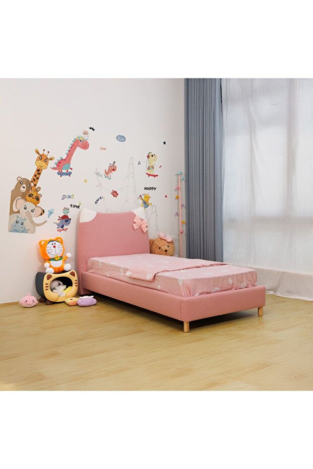 Kitty 90x200 Upholstered Kids Bed - Light Pink Fabric, Engineered Wood, 2-Year Warranty