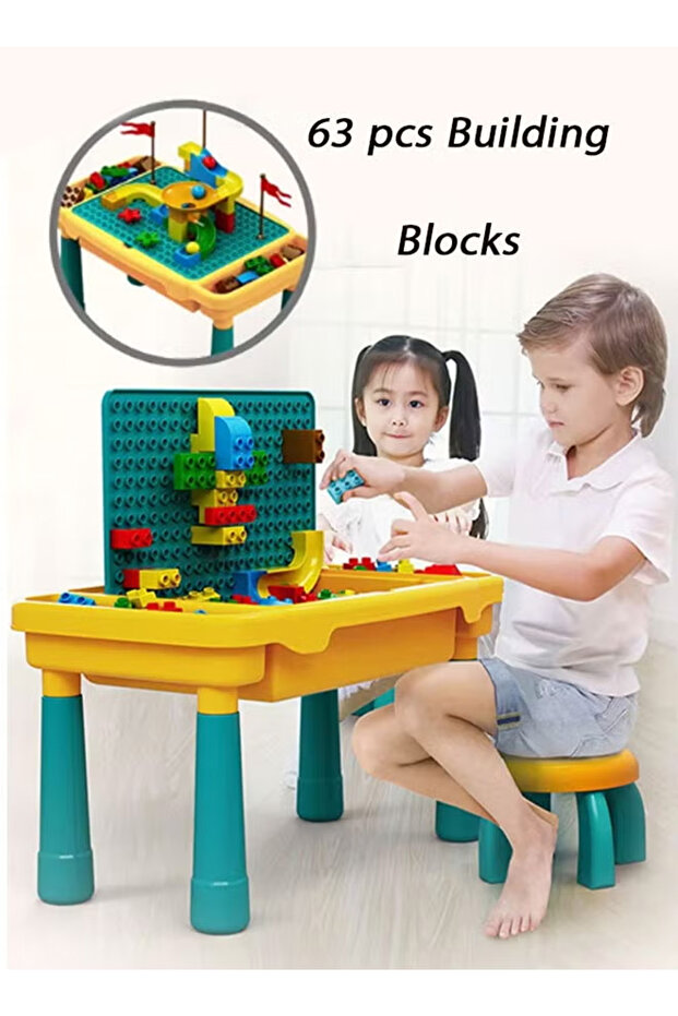 Children's activity table and chair set, 63 pieces, with storage space.
