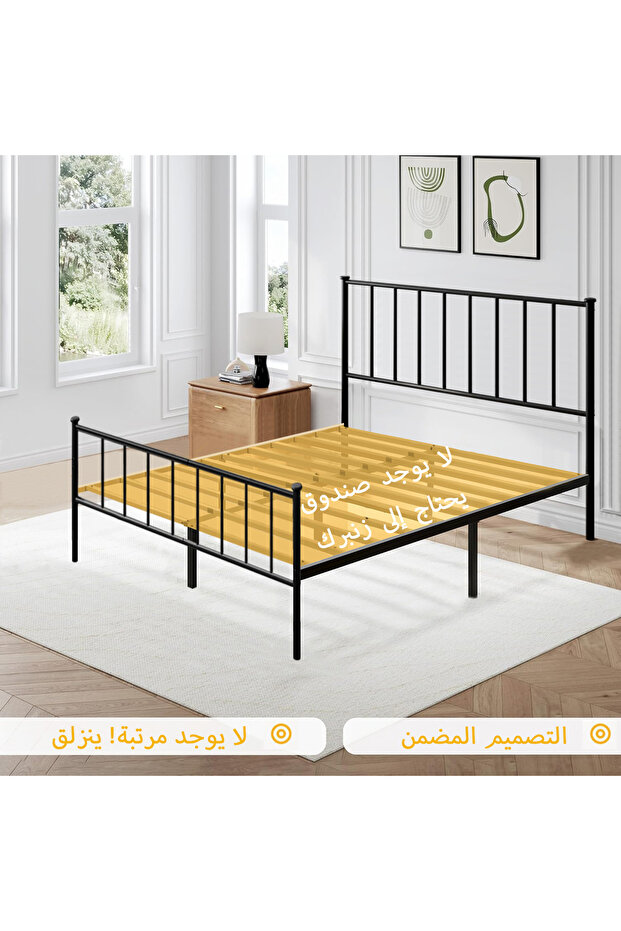 إطار سرير كلاسيكي معدني مع دعم شرائح فولاذية، وتخزين أسفل السرير، ولا يحتاج إلى زنبرك صندوقي