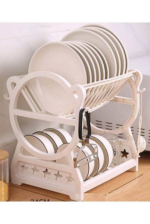 Modern 2-Tier Dish Rack with Drain Board, Cutlery Holder & Mug Hooks