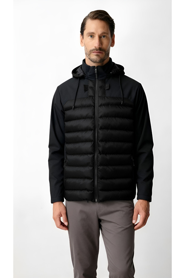 Black Standard Fit Hooded Quilted Body Zippered Hybrid Men's Coat