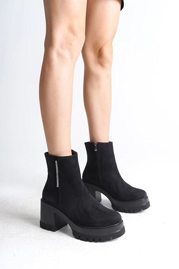 Lisse Zippered Orthopedic Sole Thick Heeled Suede Women's Boots Sst - Black