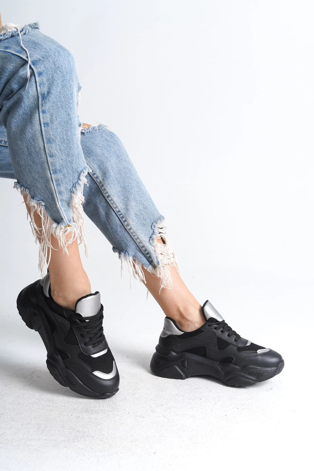 Tokyo Lace-Up Orthopedic Sole Knitwear Detailed Women's Sports Shoes Tst - Black/Gray