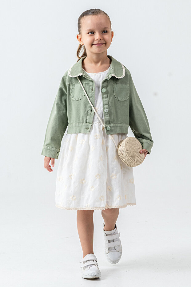 Embroidered Girl's 3-Piece Set with Straw Bag - 26K 7265