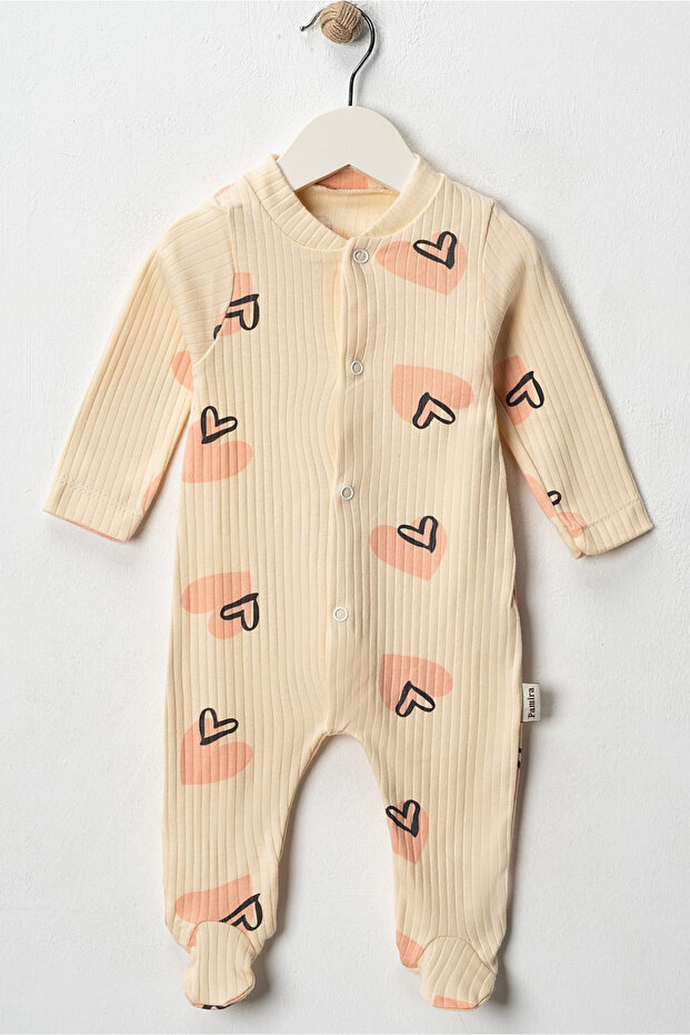Salmon Heart Patterned Baby Romper - Long Sleeve Footed Soft Combed Cotton Fabric