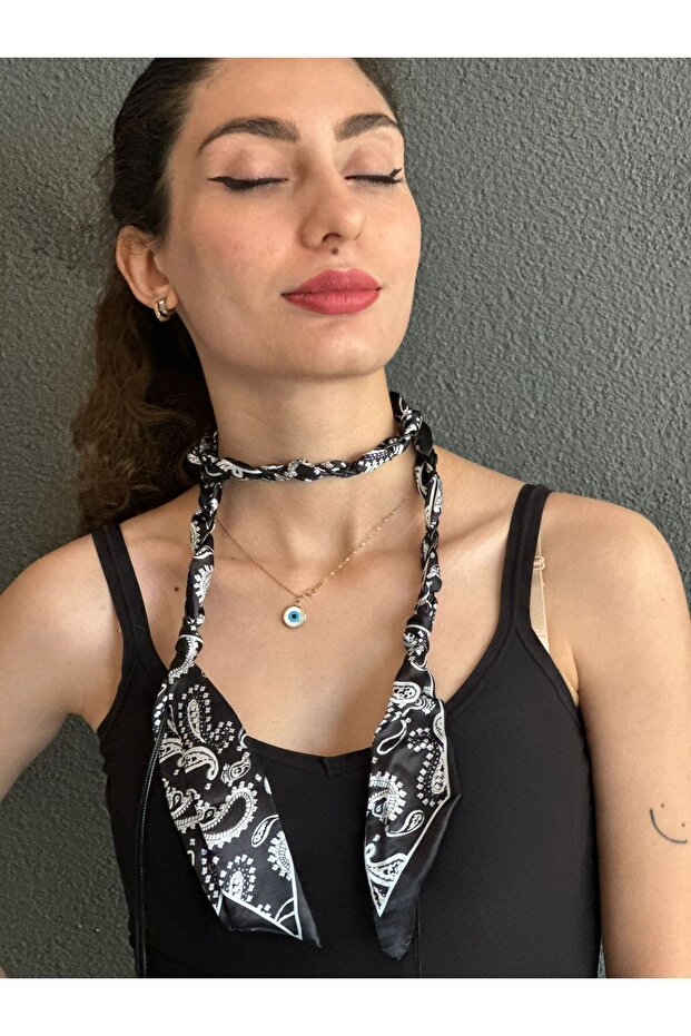 110 cm Satin Beaded Women's Scarf Neck Tie Black