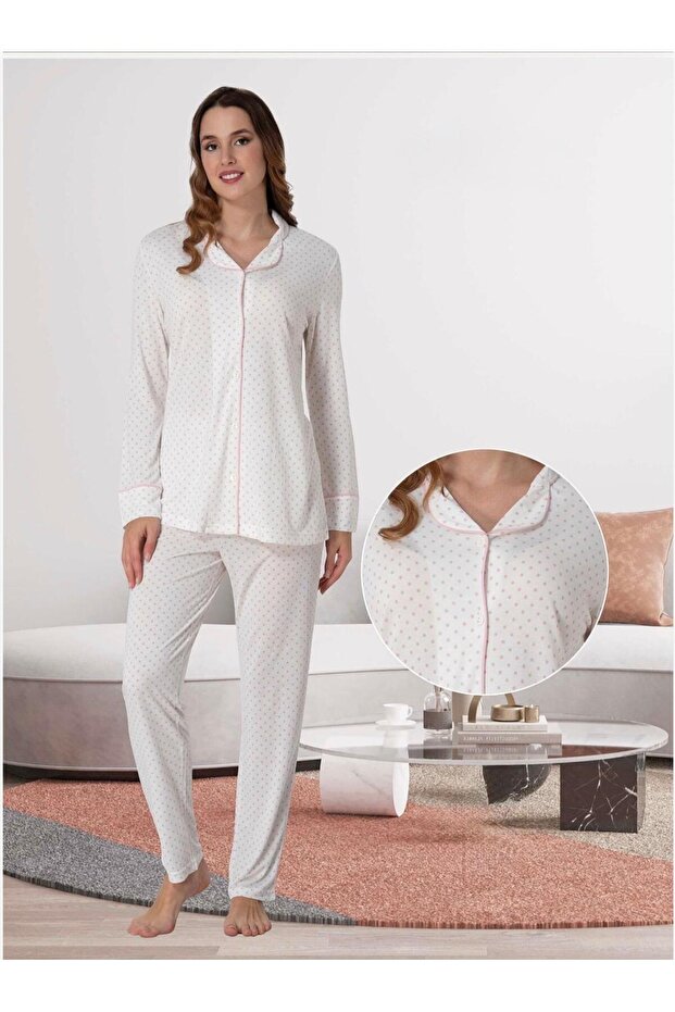Women's Pink Polka Dot Special Design Front Buttoned Long Sleeve Maternity Pajama Set Effortt