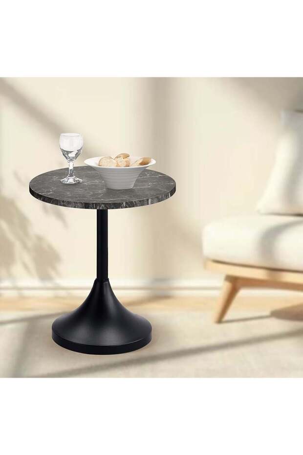 Zeno Round Side Table – Black Marble & Black Modern Accent Table for Living Room