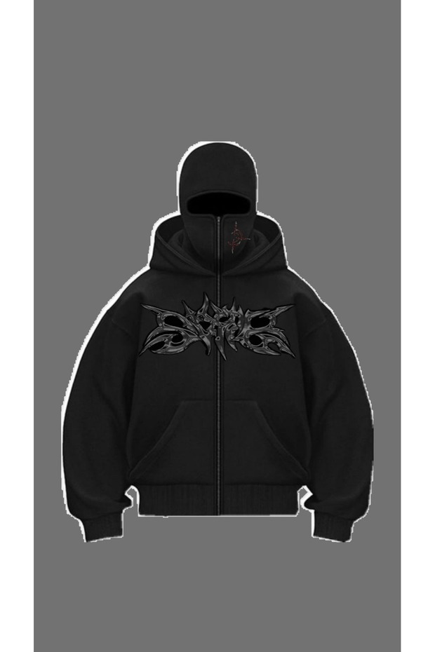 Unisex Masked Tribal Graphic Printed Zippered Hooded Sweatshirt – Black