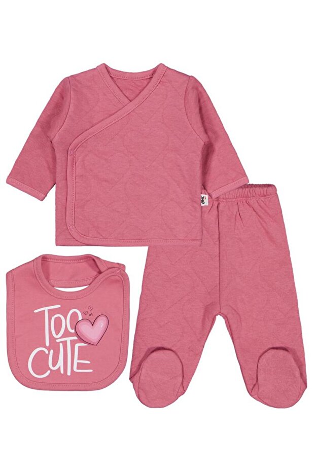 Kalp Patterned 3-Piece Bodysuit Sets - Pink