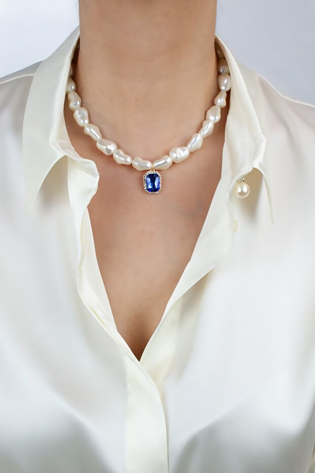 Blue Crystal Stone Baroque Pearl Necklace