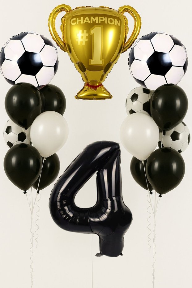 4 Year Old Black and White Football Themed Birthday Balloon Set Champion Football Player Concept