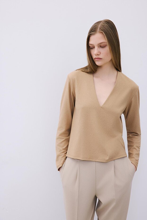 V Yaka Basic Camel Triko Bluz - 6