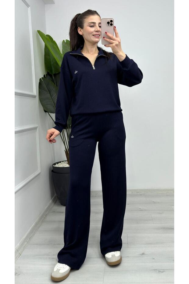 1029 Half Zipper Modal Printed Double Suit Navy Blue