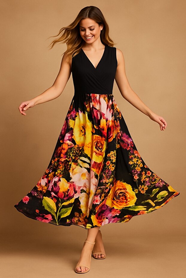 Women's Plus Size Black, Wrap Neck, Floral Print Viscose Dress 65N39238