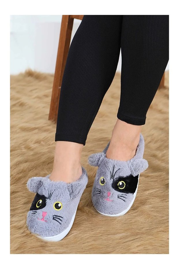 Women's House Slippers with Cat Embroidery Detail