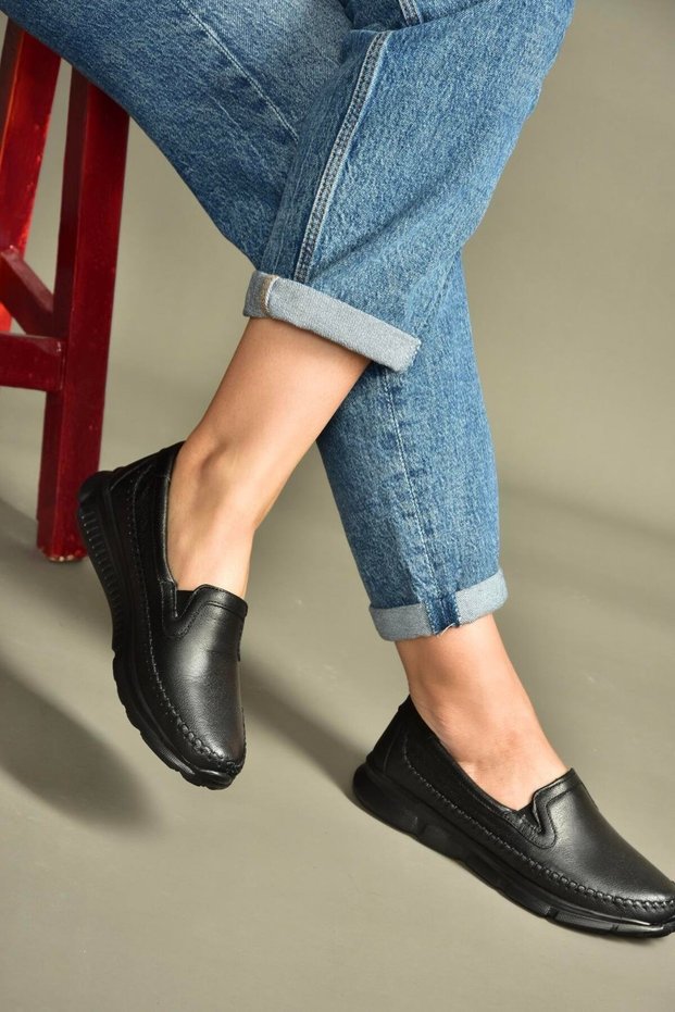 U555060203 Black Genuine Leather Comfort Orthopedic Sole Casual Women's Shoes