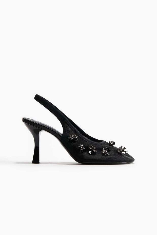 Embellished mesh slingbacks