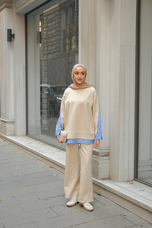Women's Shirt Detail Two-Piece Set Cream
