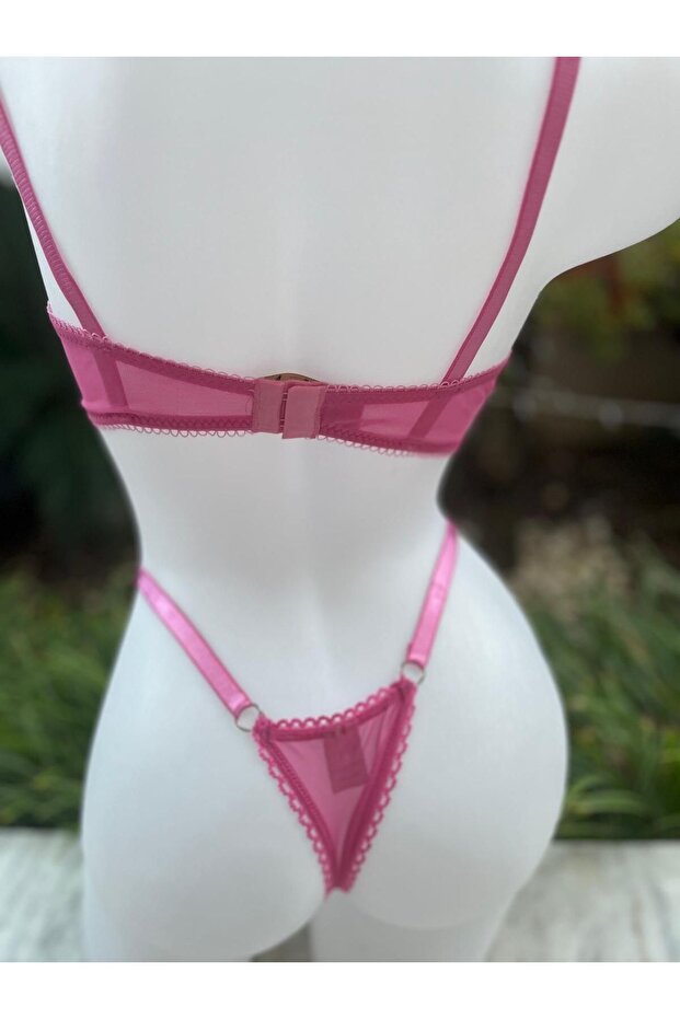 طقم ملابس داخلية شفافة بنمط وردي - 4