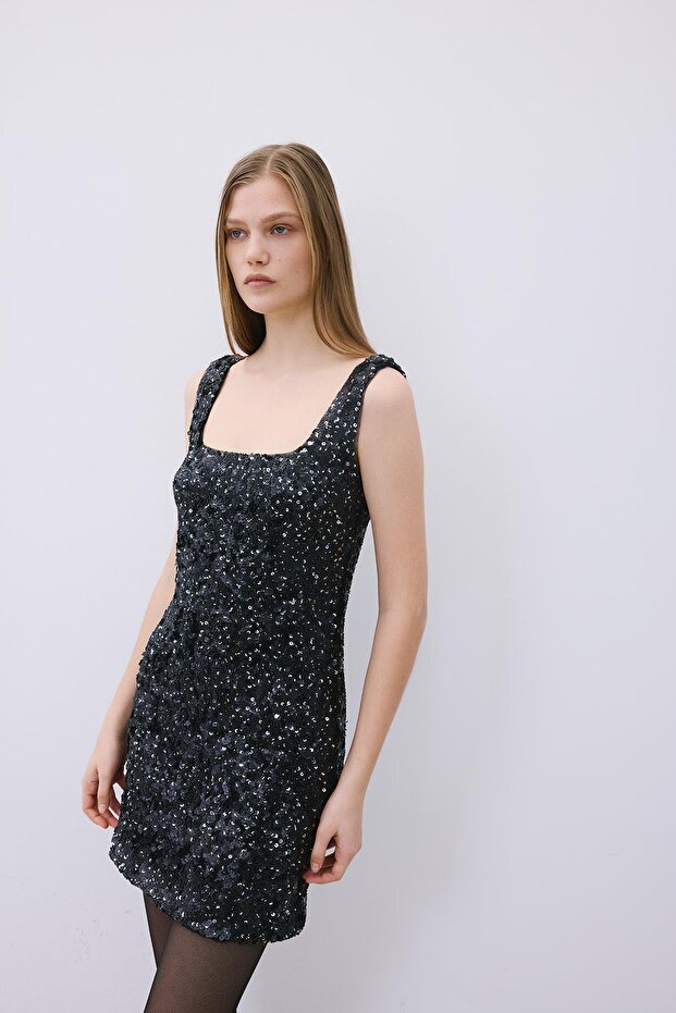 Askılı Payet Mini Siyah Elbise - 6