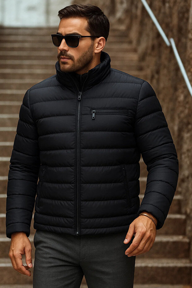 Men's Winter Basic Mock Neck Zippered Dark Blue Puffer Jacket - 1