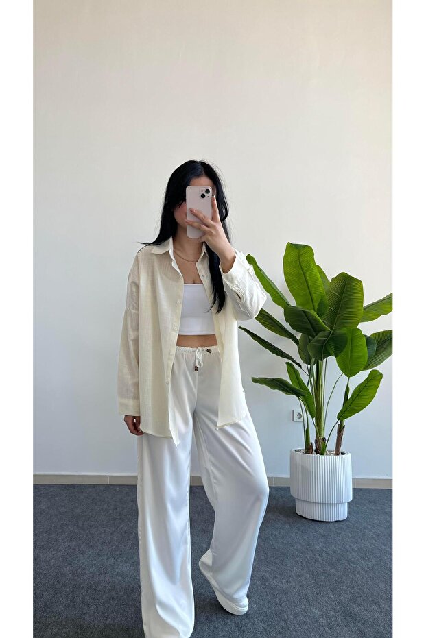 Yonca Keten Gömlek - Ekru - 5