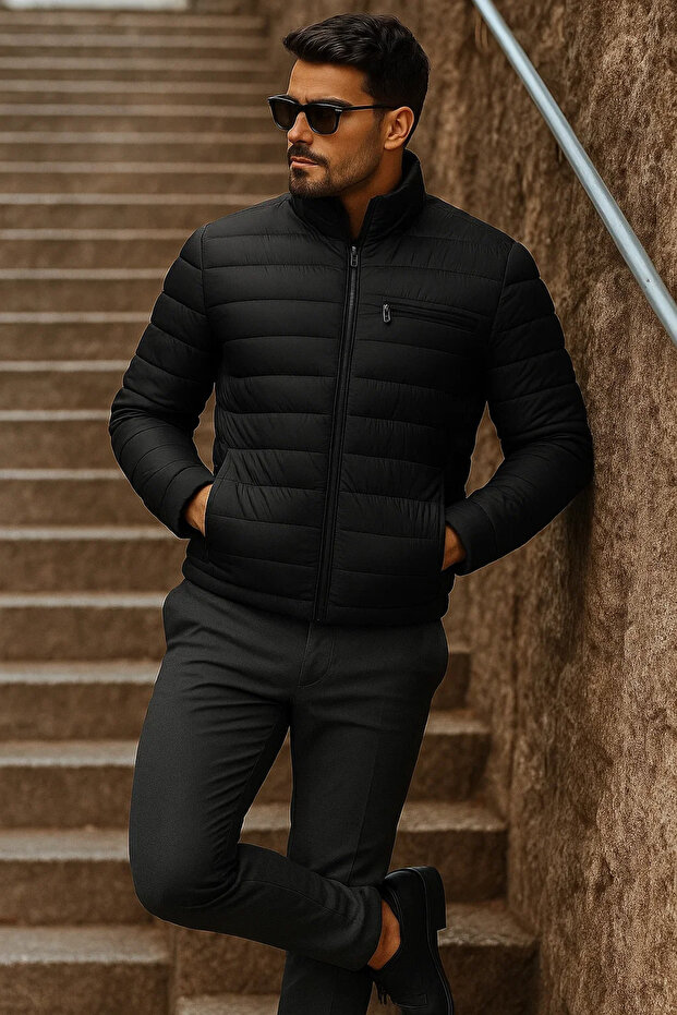 Erkek Kışlık Basic Dik Yaka Fermuarlı Siyah Şişme Mont - 4
